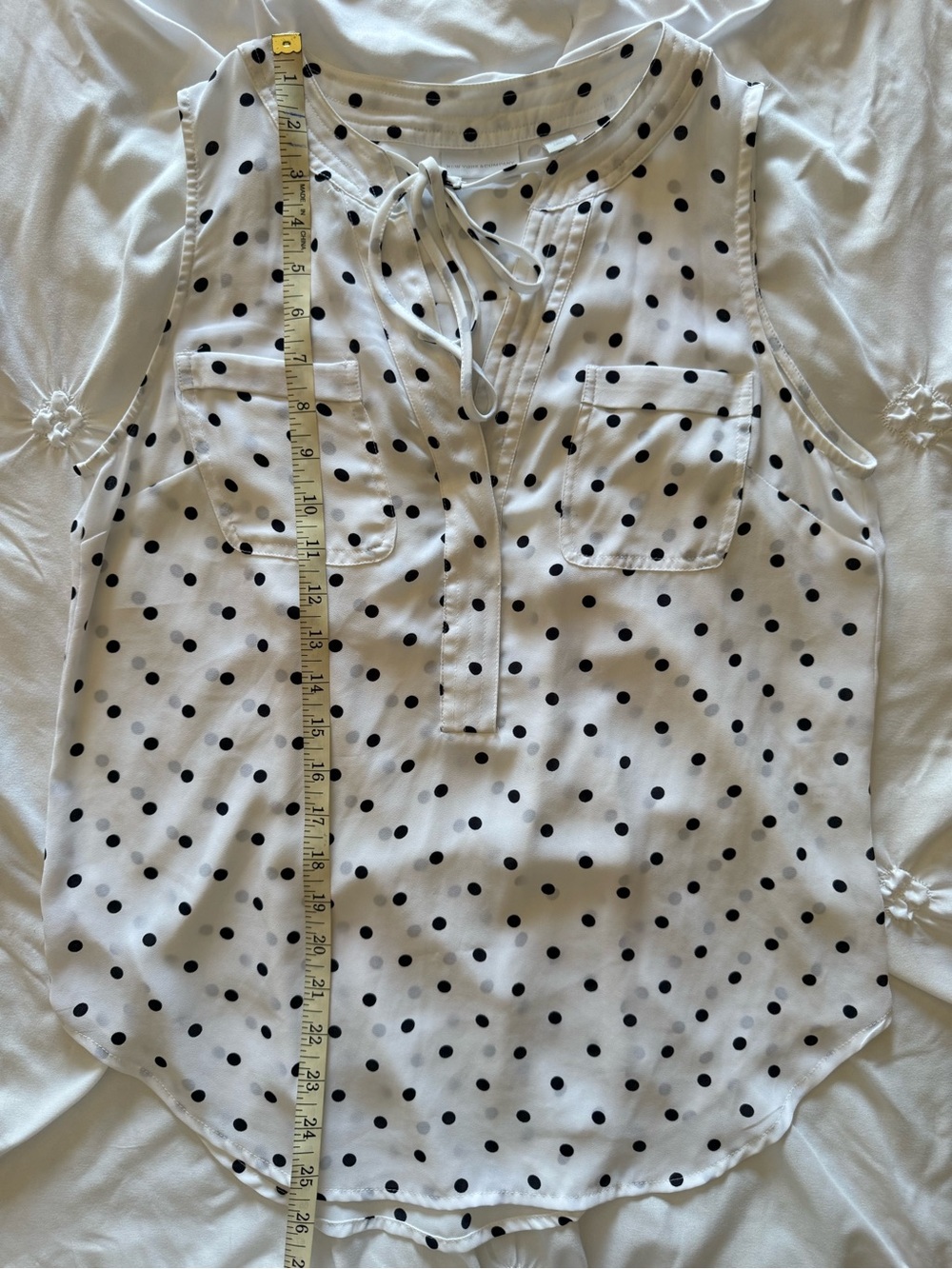 Polka Dot Sleeveless Tie-Neck Blouse - White/Blue